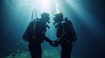 two Scuba divers training. Two scuba divers in silhouette swimming to the surface in the rays background. Non-existent person. . photo