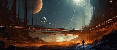 Futuristic sciFi huge battle spaceships. Futuristic sciFi huge battle spaceships concept for futuristic interstellar deep space travel for sci-fi backgrounds. . photo