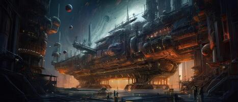 Futuristic sciFi huge battle spaceships. Futuristic sciFi huge battle spaceships concept for futuristic interstellar deep space travel for sci-fi backgrounds. . photo