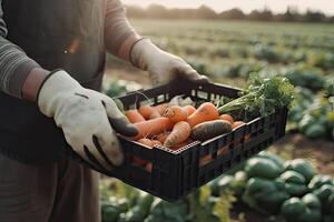 Farmer holding box with vegetables. Farmer holding wooden crate filled with fresh vegetables and fruits. . photo