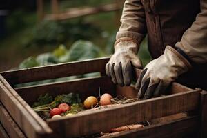 Farmer holding box with vegetables. Farmer holding wooden crate filled with fresh vegetables and fruits. . photo
