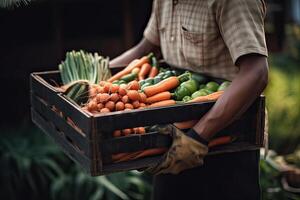 Farmer holding box with vegetables. Farmer holding wooden crate filled with fresh vegetables and fruits. . photo