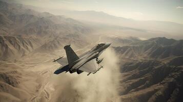 Military fighter aircraft at high speed, flying high in the sky. photo