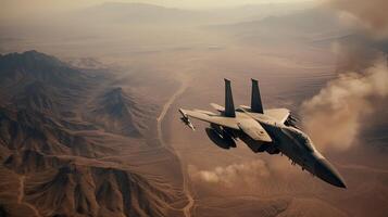 Military fighter aircraft at high speed, flying high in the sky. photo