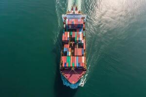 Container ships transporting large cargo to import and export goods internationally around the world, including Asia Pacific and Europe, sea Mediterranean Aerial view with drone camera. photo