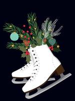 Navidad tarjeta. patines con pino sucursales. alto calidad vector ilustración.