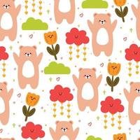 seamless pattern cartoon bear and flower. cute animal wallpaper illustration for gift wrap paper vector