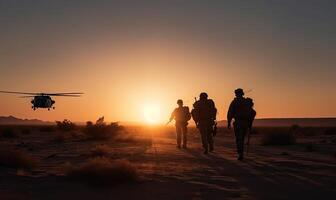 Military helicopter with silhouette soldiers. Armed conflict between Israel and Palestine, military action. A soldier in camouflage clothing walks towards a military helicopter. . photo