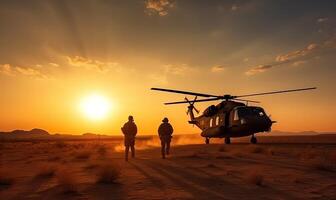 Military helicopter with silhouette soldiers. Armed conflict between Israel and Palestine, military action. A soldier in camouflage clothing walks towards a military helicopter. . photo