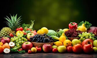 fruits, vegetables, and berries for your layout on green blurred background. Fresh vegetables and fruits background. . photo