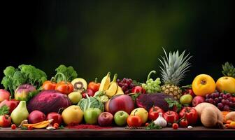 frutas, verduras, y bayas para tu diseño en verde borroso antecedentes. Fresco vegetales y frutas antecedentes. generativo ai. foto