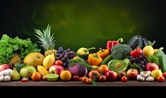 fruits, vegetables, and berries for your layout on green blurred background. Fresh vegetables and fruits background. . photo