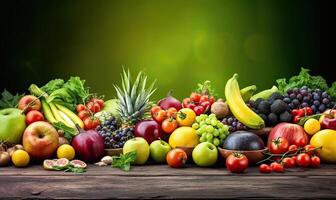 fruits, vegetables, and berries for your layout on green blurred background. Fresh vegetables and fruits background. . photo