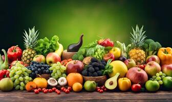 fruits, vegetables, and berries for your layout on green blurred background. Fresh vegetables and fruits background. . photo