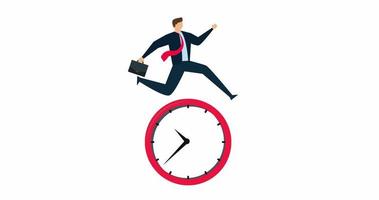 4k Animation von Clever Zeit Management, Geschäftsmann Mitarbeiter Arbeiter springen Über Zeit Vorbeigehen Uhr. video