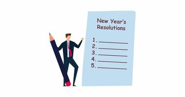 4k animação do Novo anos resoluções, homem de negocios segurando grande lápis pensando sobre Novo anos resolução em bloco de anotações papel. video
