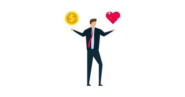 4k animation of Work life balance, confuse businessman with big coin with the word work and life heart shape in other hand video