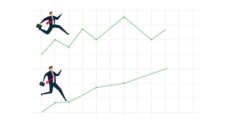 4k animation of work successful ladder, businessman walking up stairs  graph, one with smooth rising up and other on volatile path.
