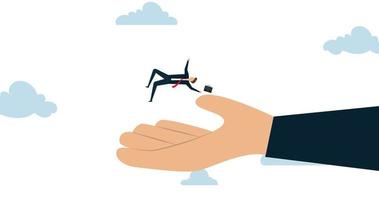 4k Animation von Geschäft Unterstützung, Geschäftsmann Investor fallen von das Himmel in ein Sanft Portion Hand. video
