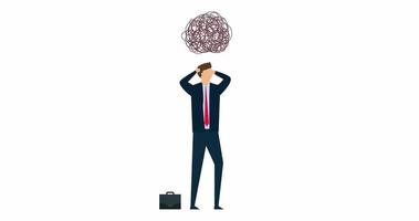 4k animação do estresse às trabalhar, desesperança frustrado homem de negocios empregado com ansiedade ocupado linha sobre dele cabeça. video