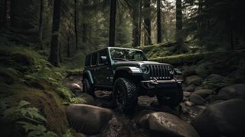 Offroad race on fall nature background. Cars racing in autumn forest. SUV or offroad car on path covered with grass crossing puddle with dirt splash. . photo