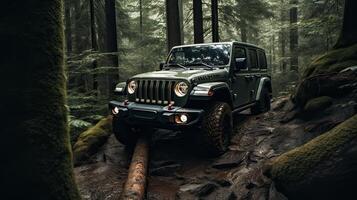 Offroad race on fall nature background. Cars racing in autumn forest. SUV or offroad car on path covered with grass crossing puddle with dirt splash. . photo