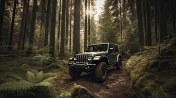 Offroad race on fall nature background. Cars racing in autumn forest. SUV or offroad car on path covered with grass crossing puddle with dirt splash. . photo