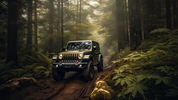 Offroad race on fall nature background. Cars racing in autumn forest. SUV or offroad car on path covered with grass crossing puddle with dirt splash. . photo