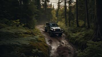 Offroad race on fall nature background. Cars racing in autumn forest. SUV or offroad car on path covered with grass crossing puddle with dirt splash. . photo