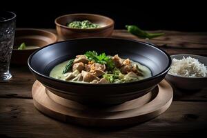 Green curry Kaeng kheiyw hwan with Thai food for steamed rice or rice noodles. Thai food very popular. photo