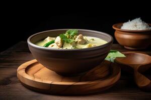 Green curry Kaeng kheiyw hwan with Thai food for steamed rice or rice noodles. Thai food very popular. photo