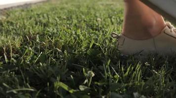dichtbij omhoog van voeten wandelen Aan een groen gras video