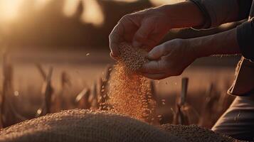 The hands of a farmer close up pour a handful of wheat grains in a wheat field. . photo