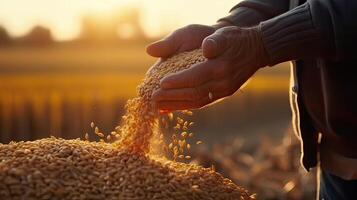 The hands of a farmer close up pour a handful of wheat grains in a wheat field. . photo