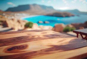 Brown wooden table, beautiful wood texture, and pattern with blurred tropical natural landscape, mountain. . photo