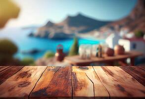 Brown wooden table, beautiful wood texture, and pattern with blurred tropical natural landscape, mountain. . photo