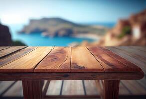 Brown wooden table, beautiful wood texture, and pattern with blurred tropical natural landscape, mountain. . photo