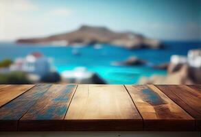 Brown wooden table, beautiful wood texture, and pattern with blurred tropical natural landscape, mountain. . photo