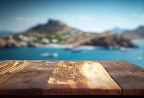 Brown wooden table, beautiful wood texture, and pattern with blurred tropical natural landscape, mountain. . photo