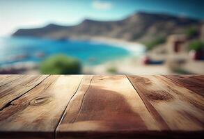 Brown wooden table, beautiful wood texture, and pattern with blurred tropical natural landscape, mountain. . photo