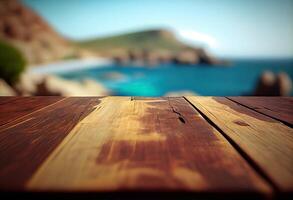 Brown wooden table, beautiful wood texture, and pattern with blurred tropical natural landscape, mountain. . photo