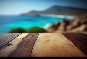 Brown wooden table, beautiful wood texture, and pattern with blurred tropical natural landscape, mountain. . photo