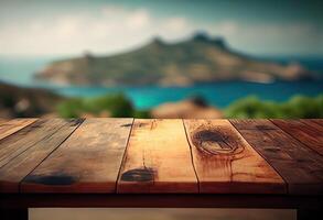 Brown wooden table, beautiful wood texture, and pattern with blurred tropical natural landscape, mountain. Generative Ai. photo