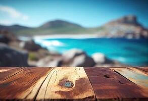 Brown wooden table, beautiful wood texture, and pattern with blurred tropical natural landscape, mountain. . photo