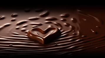 Heart-shaped chocolate buried in liquid chocolate. Love, Valentine concept. . photo