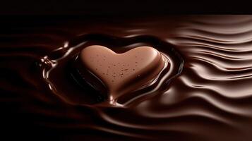 Heart-shaped chocolate buried in liquid chocolate. Love, Valentine concept. . photo