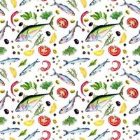 Seamless pattern of tuna, sardine and herbs watercolor isolated on white vector