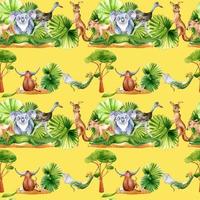 Seamless pattern of cartoon animals watercolor isolated on yellow. vector