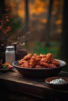 Chunks of chicken in a spicy sauce and sesame seeds. From a series of Food Korean cuisine. photo