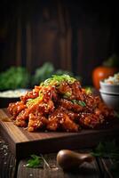 Chunks of chicken in a spicy sauce and sesame seeds. From a series of Food Korean cuisine. photo